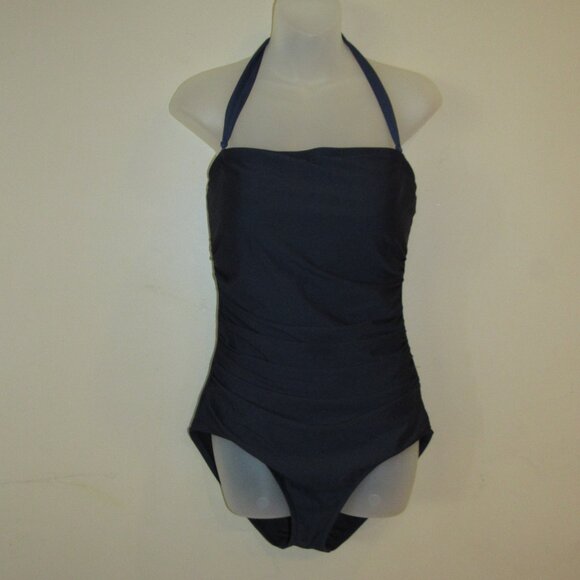 J Crew Ruched Bandeau Halter Convertible One Piece Blue Swimsuit sz 12 D Cup - Picture 1 of 5